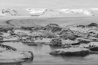 Snow-covered icebergs in the glacier lagoon Jökullsarlon, Breidamerkurjökull in the background,