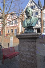 Philipp Reis Monument with bust, figure, statue, inscription, Untermarkt, Gelnhausen, Hesse,