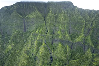 Aerial view Namolokama Falls, Waioli Valley, Kauai, Hawaii, USA, North America