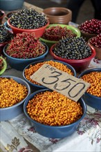 Berries for sale, market stall at the Osh Bazaar, Bishkek, Kyrgyzstan, Asia