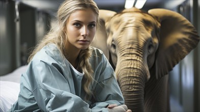 Young female patient on hospital bed ignoring the elephant in the room. generative AI