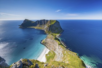 View from Håheia or Håen mountain to mountains and coast, Måstad peninsula, Værøy island, Vaeroy,