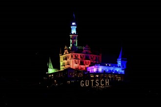 Hotel Chateau Gütsch, light installation at dusk, Lilu, Light Festival 2023, Lucerne, Canton of