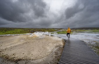 Tourist on a wooden path, steaming fumarole, Hveravellir geothermal area, Icelandic highlands,