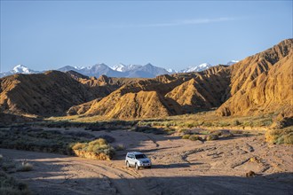 Off-road vehicle driving through a canyon, landscape of eroded hills at sunrise, badlands, white