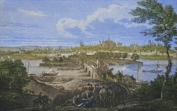 Bridge over the Loire and view of the city of Orleans, France, in 1690, c. 1885, Historical,