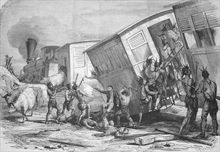 Sioux Indians attacking a train on the Pacific Railroad line in the western United States, 1869,