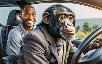 A chimpanzee sits at the wheel of a car and chauffeurs a passenger, generated with AI