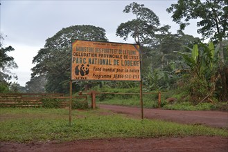 Sign at the entrance to Lobeké National Park, Moloundou District, East Region, Cameroon, Africa