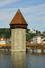 Chapel bridge and water tower, covered wooden bridge, wooden bridge, river Reuss, Lucerne,