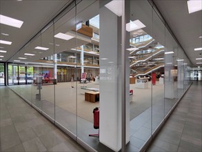 Interior view of the transparent Sparkassen branch, Leer, Lower Saxony, Germany, Europe