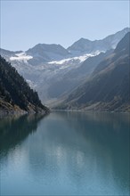 Schlegeisspeicher (1782m), glacier at the Schlegeiskees, blue sky, Zillertal Alps, Tyrol, Austria,