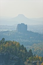 View from the Carola rock into the Schrammstein area in the back of Saxon Switzerland, to the