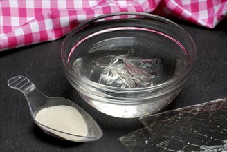 Leaf gelatine, soaked in bowl with water and agar-agar, gelatine leaf, edible gelatine, gelling