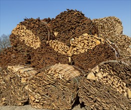 Bundles of wood offcuts and bark at a willow sawmill, Suffolk, England, UK