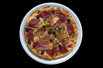 Pizza Salami on black background, Bavaria, Germany, Europe