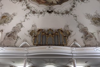 Organ loft in the baroque church of St. Andrew, Nesselwang, Bavaria, Germany, Europe