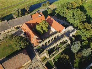 Aerial view of Memleben Monastery and presumed imperial palace, Memleben, Saxony-Anhalt, Germany,