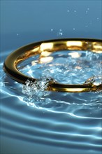 Golden ring falls into the water with splashes, drops and reflections, AI generated