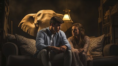 A young couple sitting uncomfortably on the couch together ignoring the elephant in the room.