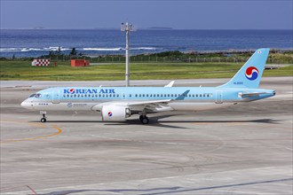 A Korean Air Airbus A220-300 aircraft with registration number HL8091 at Okinawa Airport (OKA) in