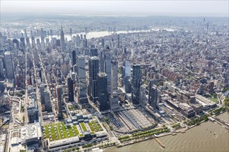 New York City skyline of Manhattan in the Hudson Yards neighbourhood aerial view in New York, USA,