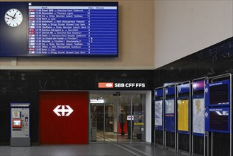 Station entrance SBB ticket counter Digital timetable, Biel, Switzerland, Europe