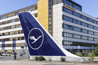 Aircraft tail unit at the Lufthansa base at Frankfurt Airport, Germany, Europe