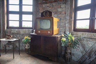 Old television, television set, TV set, rumpus room at Leitzkau Castle, Saxony-Anhalt, Germany,