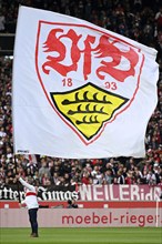 Flag wavers VfB Stuttgart with flag, flag, Mercedes-Benz Arena, Stuttgart, Baden-Württemberg,