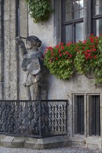 Roland statue on the Renaissance town hall, historic old town, Quedlinburg, Harz Mountains,