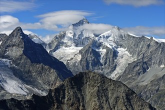 Mountain world of the Valais Alps, from left to right the peaks Besso, Dent Blanche, Grand Cornier,