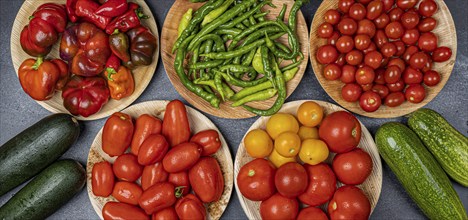 Multiple bowls, Healthy eating, Banner, Vegetables, snake cucumber (Cucumis sativus), Peppers