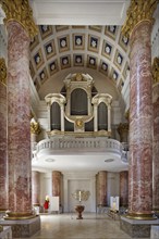 Baptismal font, barrel vault on columns, organ on organ gallery, St. Elisabeth's parish church,