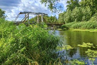 Listed wooden bascule bridge over the Trebel near Nehringen, Mecklenburg-Western Pomerania,