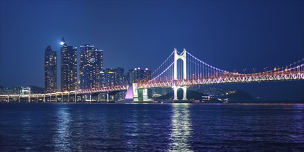 Panorama of Gwangan Bridge and skyscrapers illuminated in the night. Busan, South Korea, Asia