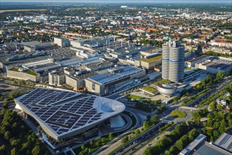 MUNICH, GERMANY, JULY 08, 2018: Aerial view of BMW Museum and BWM Welt and factory and Munich from