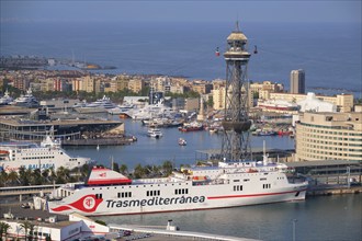 BARCELONA, SPAIN, APRIL 15, 2019: Aerial view of Barcelona city skyline with city traffic and port