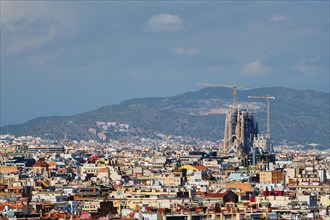 Barcelona, Spain, April 16, 2019: Aerial view of Barcelona city with famous Sagrada Familia