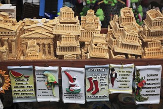 Souvenir sale at the archaeological site of Paestum, Campania, Italy, Europe