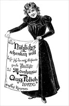 Advertisement of the company Polich, Leipzig, fashion house with delivery service, 1890, Germany,