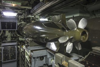 Torpedo room aboard the Redoutable, first SSBN ballistic missile submarine of the French Navy at