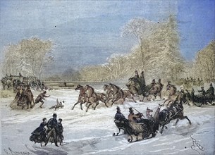 Sleigh Rides in Bois de Boulogne, Horse-drawn Sleighs and Skaters on the Frozen River, 1869,