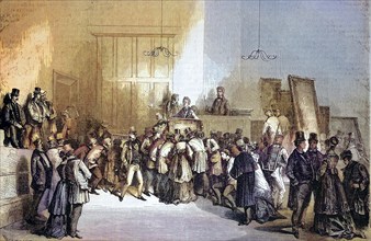 A Sale of Paintings at the Auction House, 1869, Paris, France, Historical, digitally restored