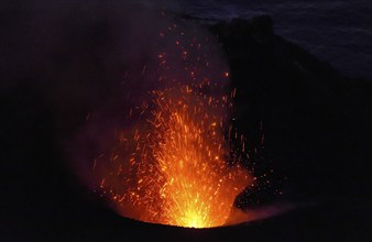 Eruption of layer volcano Stromboli at night, Stromboli Island, Lipari Islands, Italy, Europe