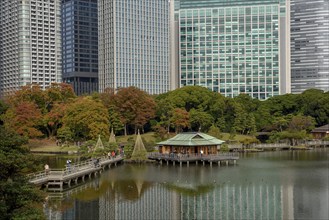 Hamarikyu Park, Imperial Garden of Hama Residence, in front of Skyline, Chuo District, Tokyo,