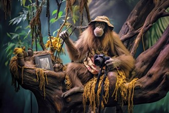 Brown Howler Monkey sitting on a branch in the rain forest with a hat and a camera in the hand, AI