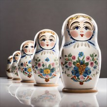 Colourfully painted nestable traditional dolls, Russian matryoshka, are lined up, AI generated