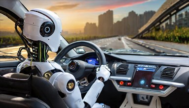 A humanoid robot sits at the steering wheel in a car and drives, AI generates