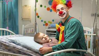 A clown, a clinic clown, in mask, red nose and costume with a sick child in the clinic, AI